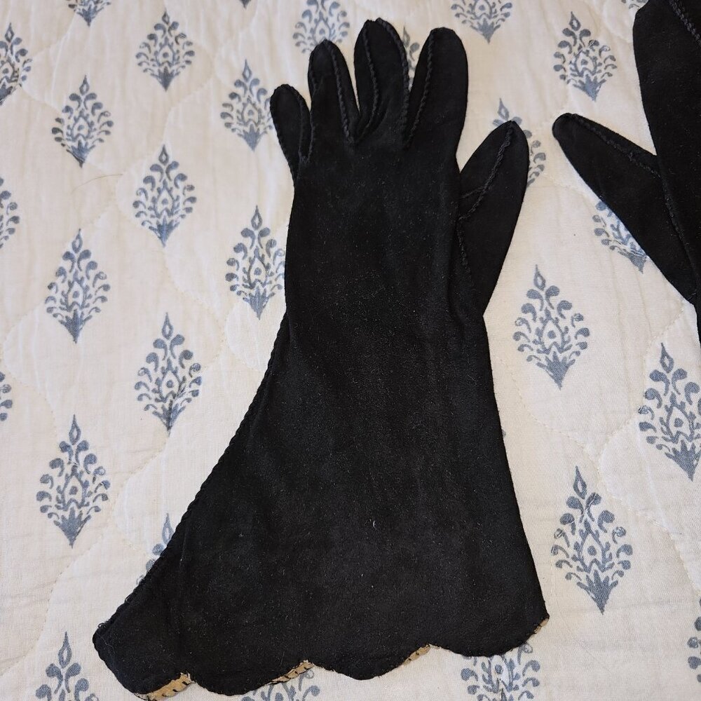Vintage Juliette Black Suede Opera Gloves Scalloped Edge Formal Evening 6.5 - Picture 11 of 11